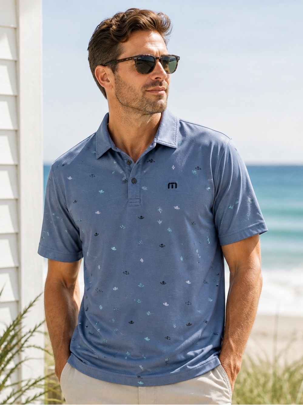 TravisMathew Polo Shirt Men L Blue Golf Performance Stretch Coastal Preppy